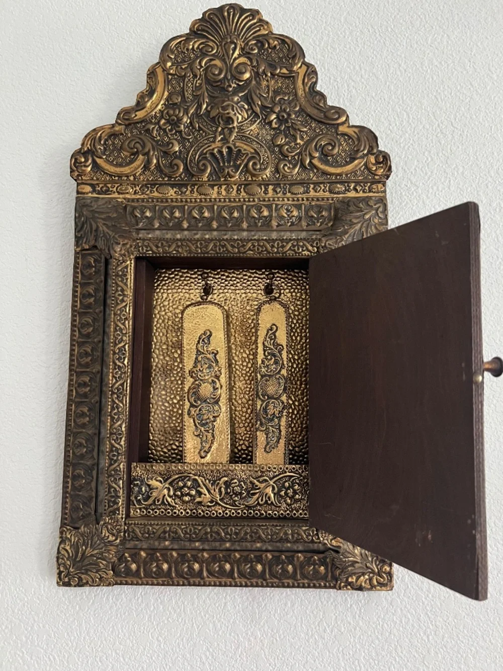 Antique Dutch copper & brass mirror/brush cabinet